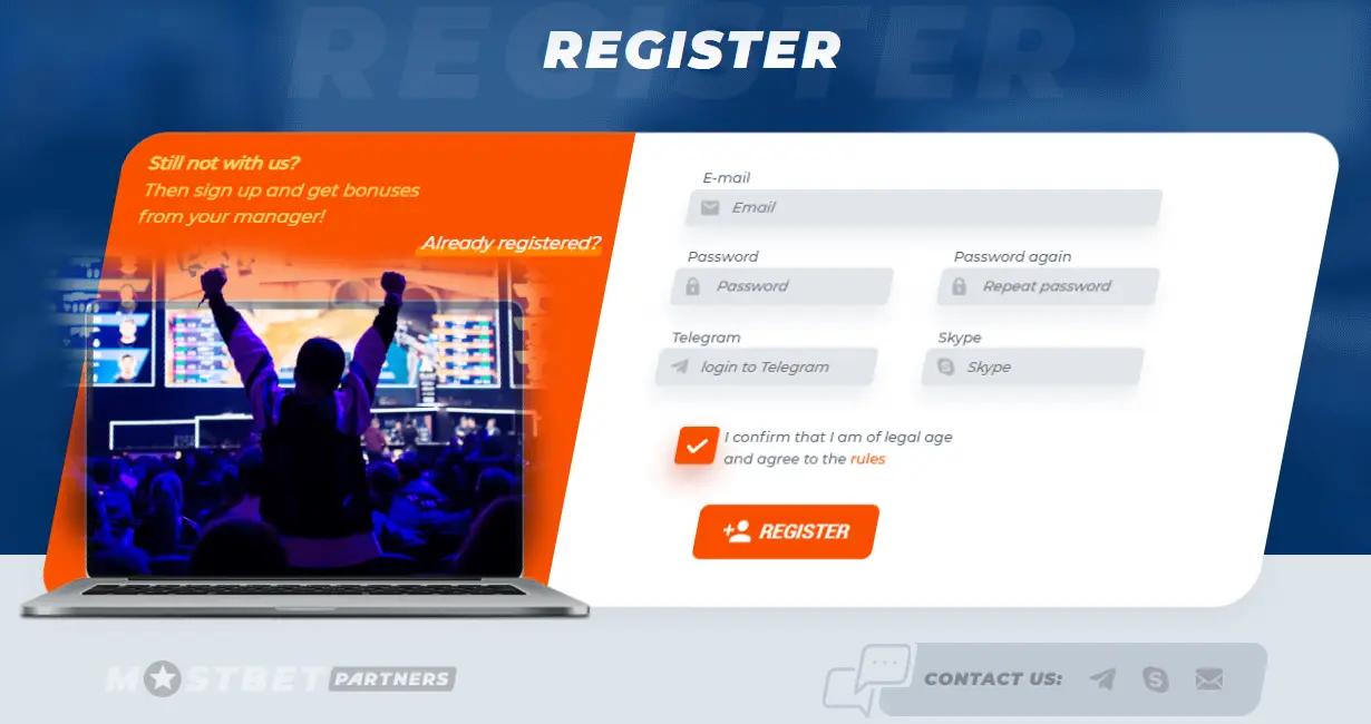 Mostbet affiliate program: registration form.